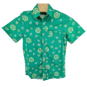 VSTR Premium Button Up Shirt Mens Small Green Floral Skull Short Sleeve‎ Cotton